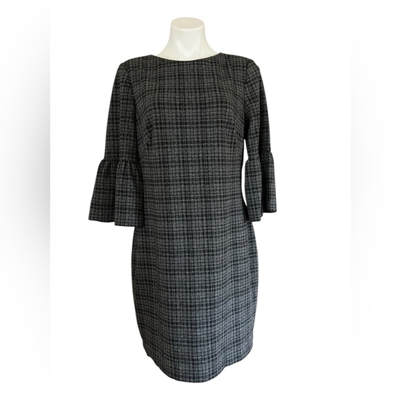 Lauren Ralph Lauren grey plaid elbow bell sleeve wool blend sheath dress size 14 - Picture 2 of 12